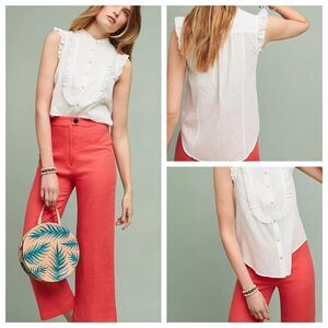 Anthropologie| Feather Bone Soneva Ruffled Blouse Cotton White Size 8 Boho Cotta